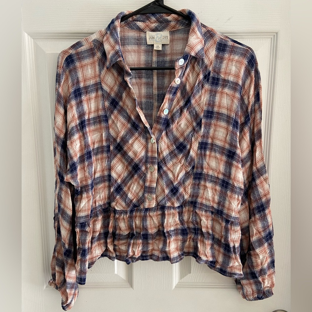 Blue and Red Ruffled Long Sleeve Button Down Shirt